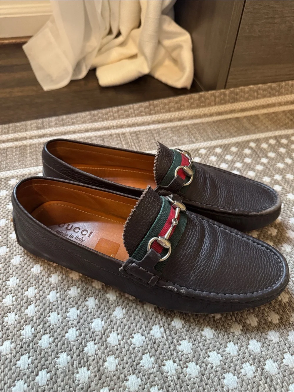 Gucci Men’s Brown Leather Horsebit Driving Loafers Green-Red US 9/ UK GUCCI 8
